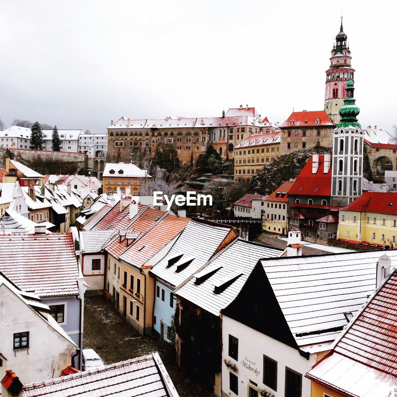 Cityscape against clear sky during winter