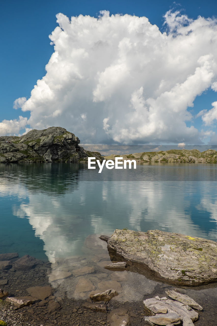 SCENIC VIEW OF LAKE AGAINST CLOUDY SKY