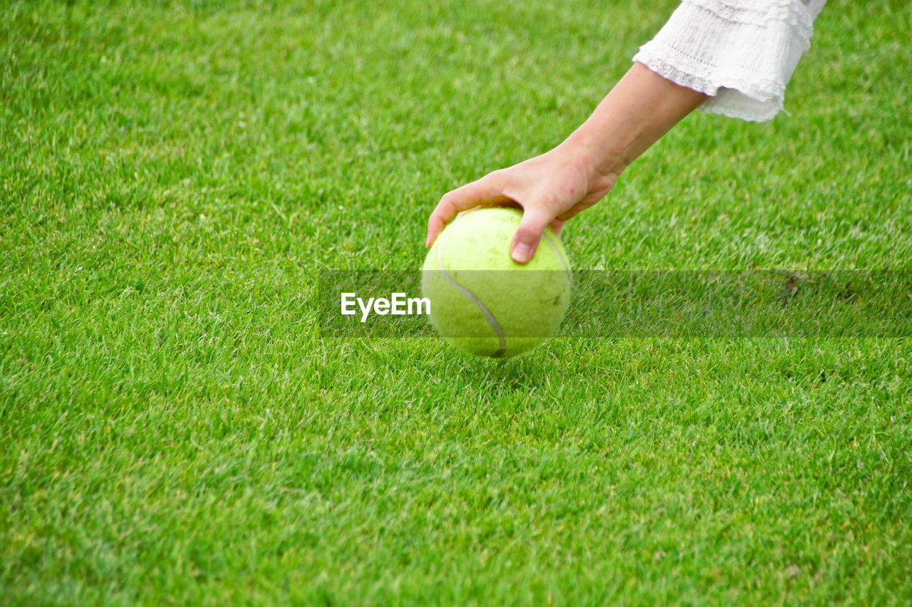 Cropped hand of woman holding tennis ball on field