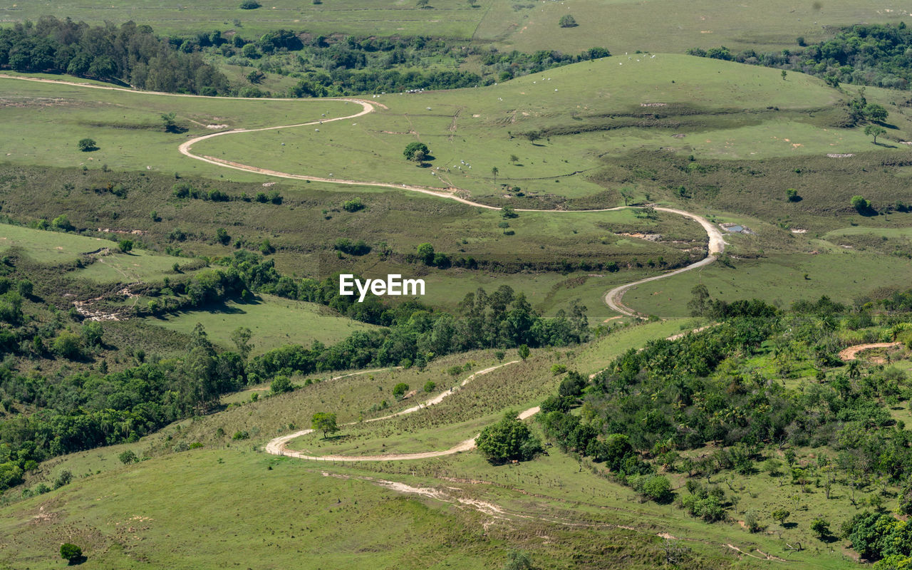 High angle view of winding road on land