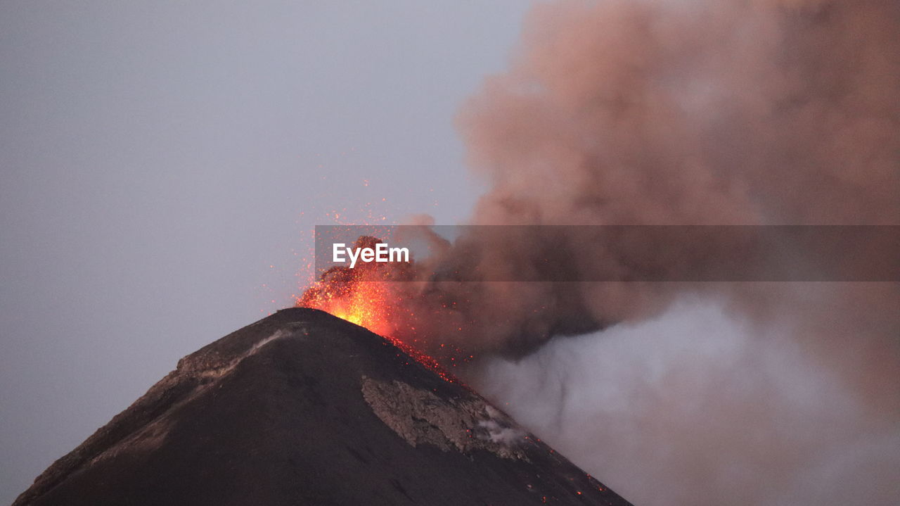 Burning mountain top from eruption of volcano fuego, guatemala 