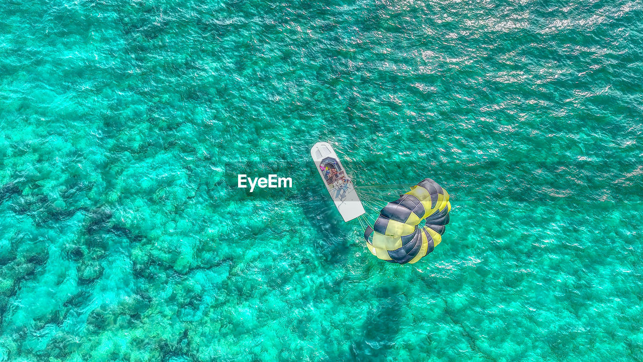 HIGH ANGLE VIEW OF PERSON SWIMMING ON SEA