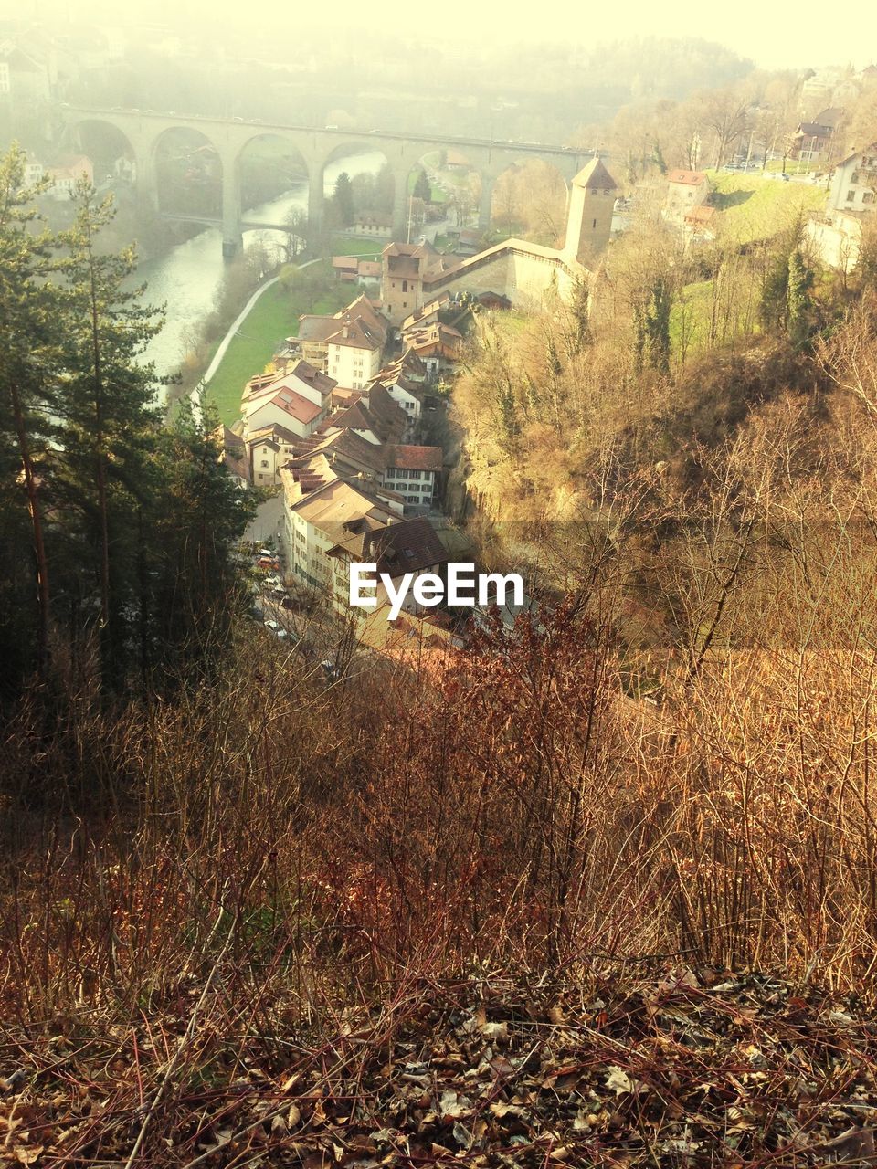 High angle view of houses and bridge