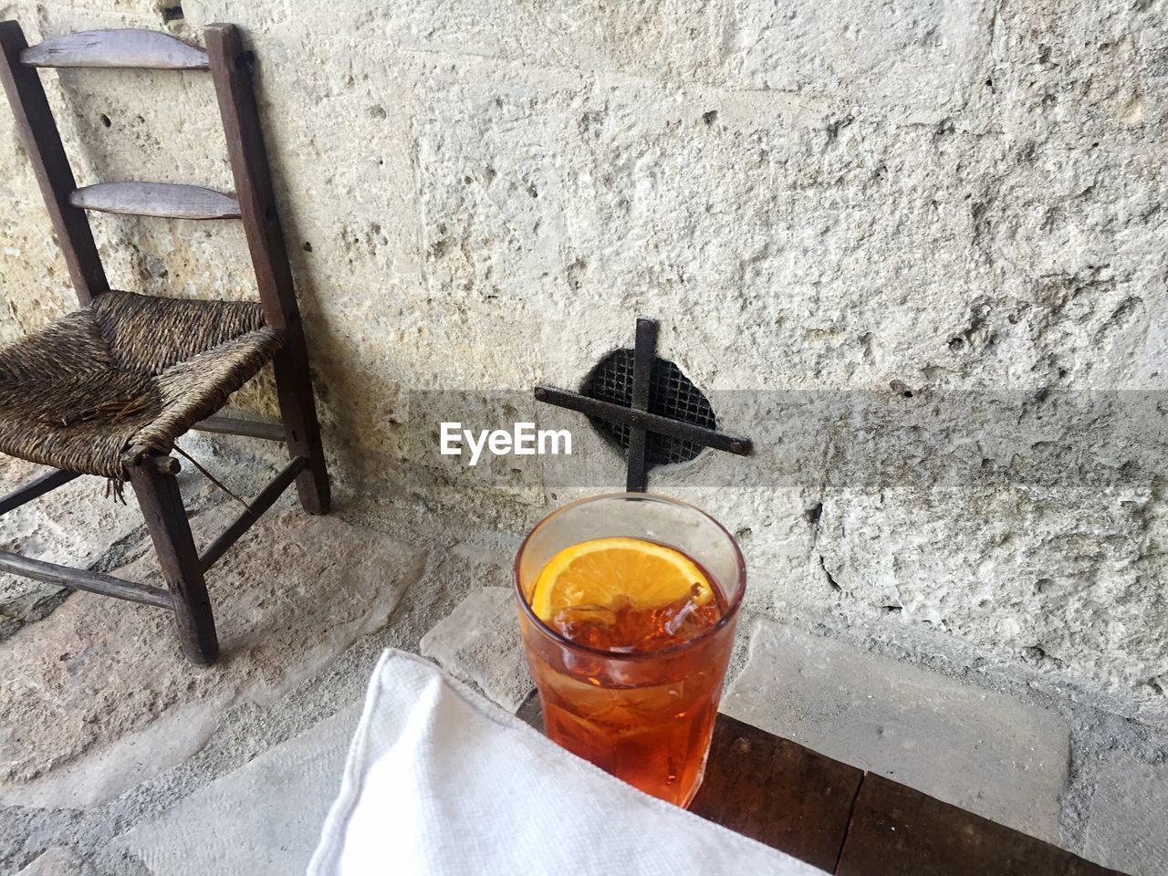 High angle view of drink on table against wall