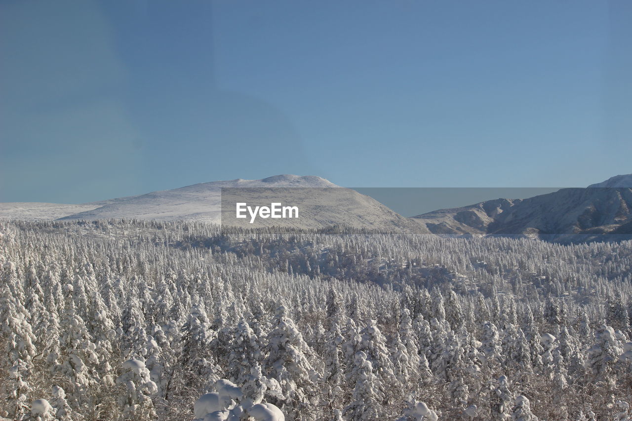 Scenic view of snowcapped mountains against clear sky