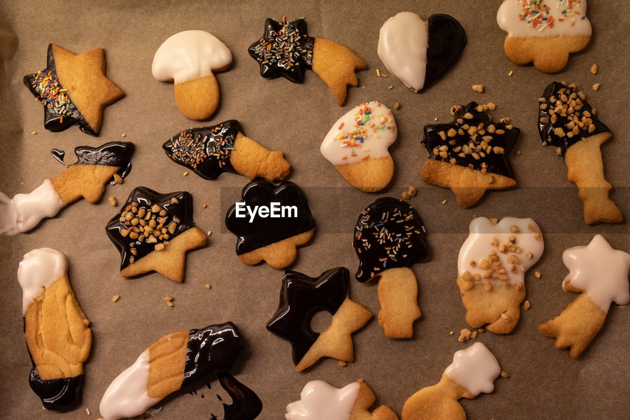 High angle view of cookies