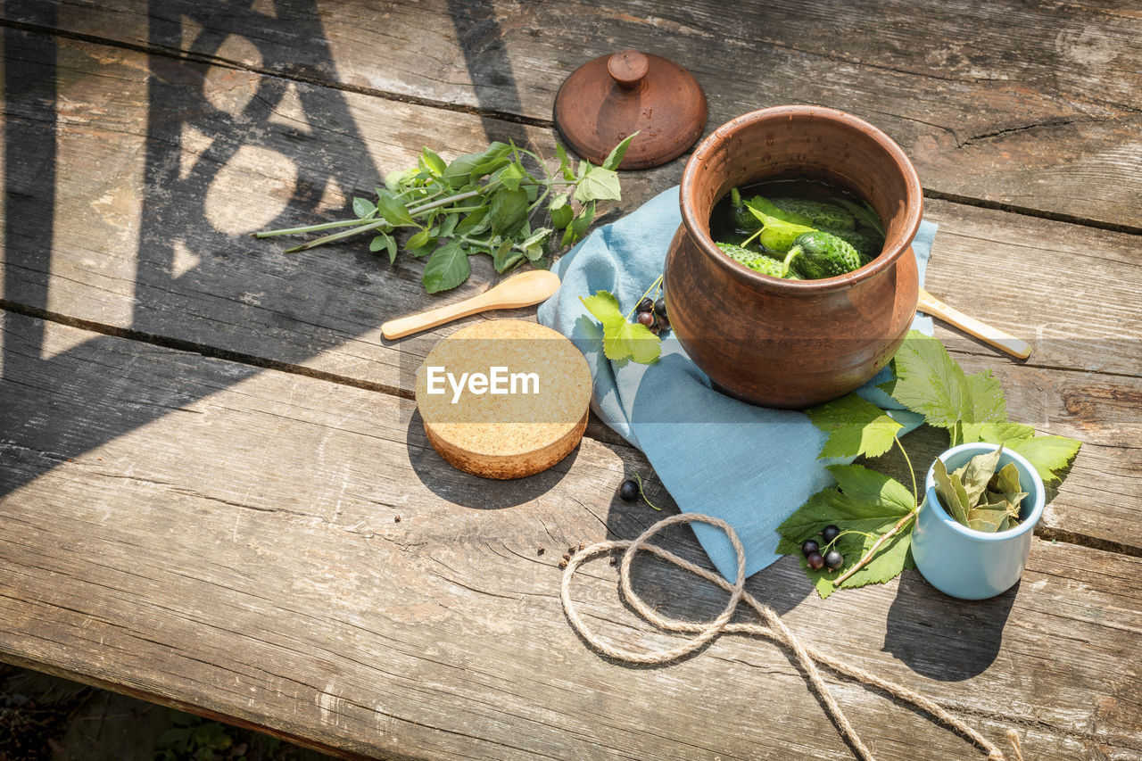 Clay jar with natural cucumbers, black currant, herbs and spices on a wooden table