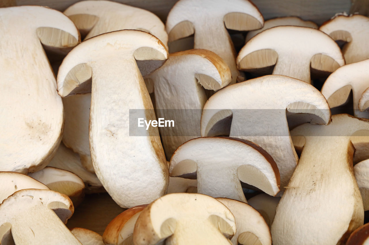 Close-up of fresh mushrooms at market stall