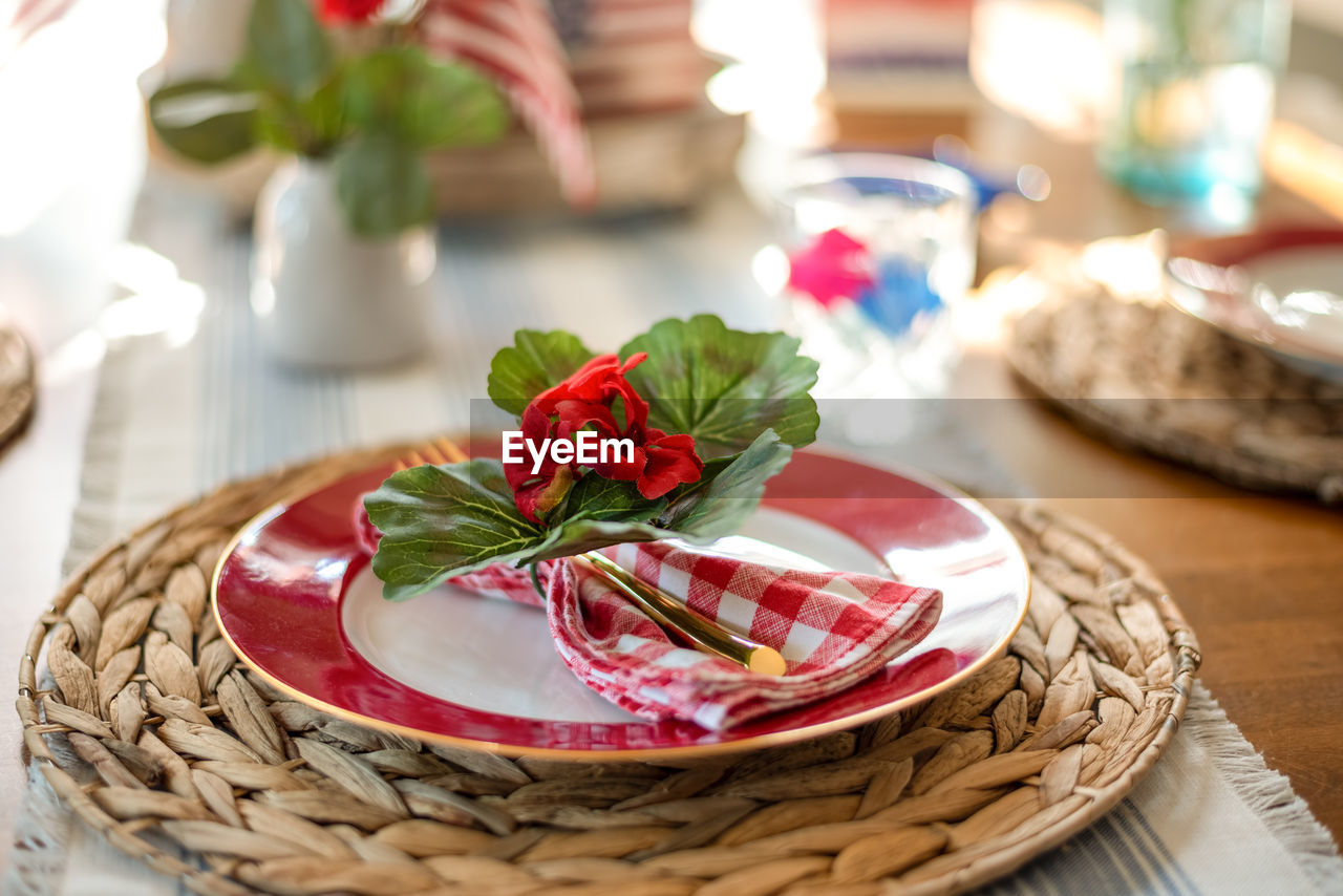 Close-up of patriotic place setting on table