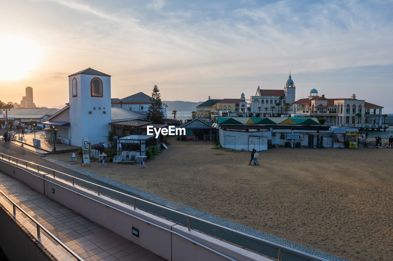 Momochi seaside park and marizon wedding hall by the bay at sunset. famous travel destination