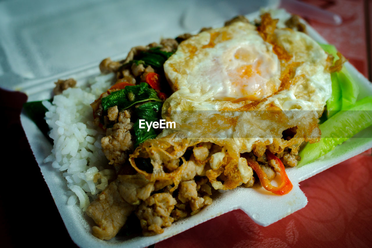 HIGH ANGLE VIEW OF FOOD SERVED IN PLATE