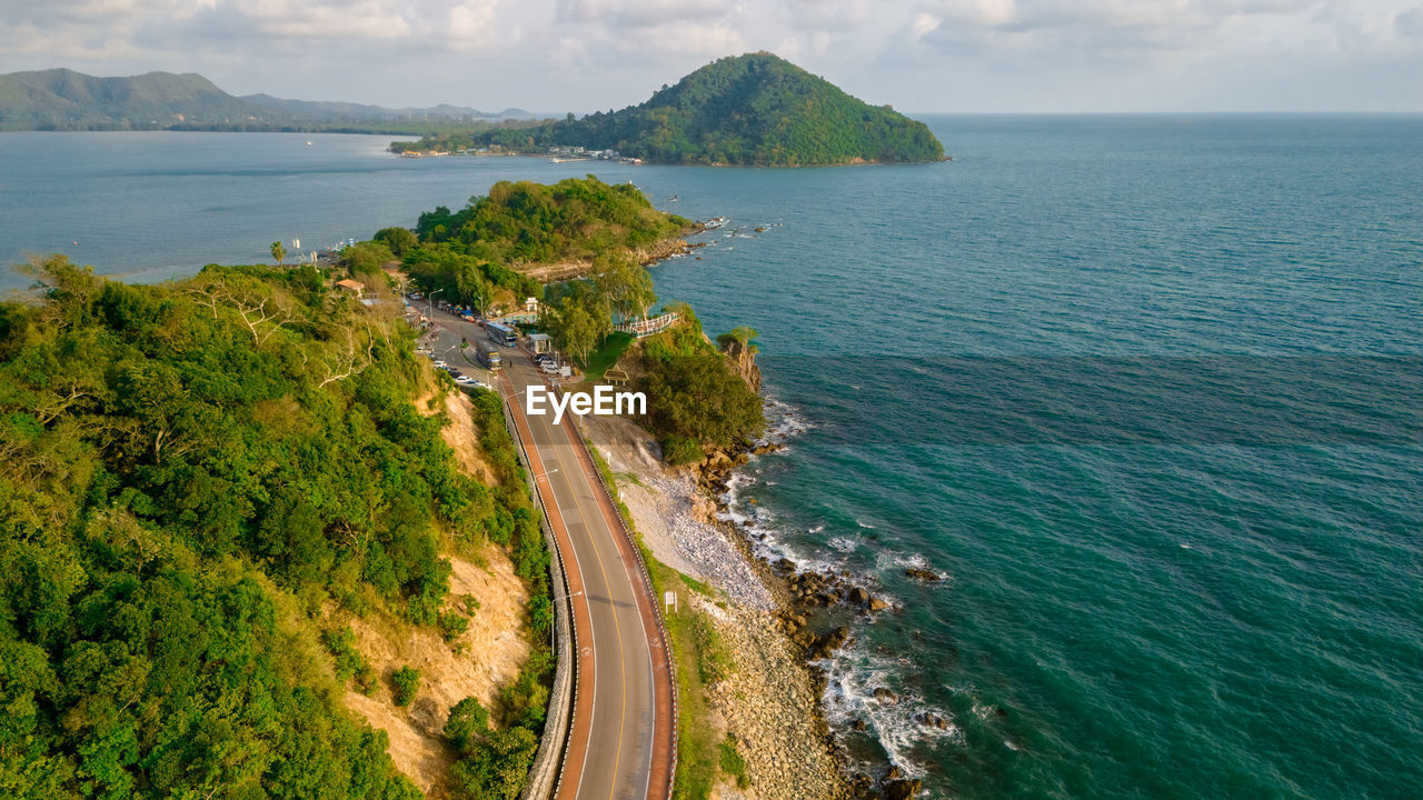 high angle view of bay against sky