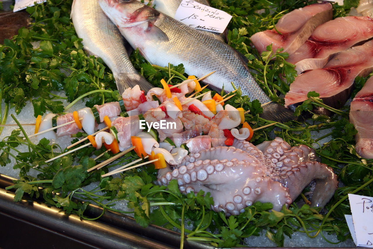 HIGH ANGLE VIEW OF FISH IN MARKET FOR SALE