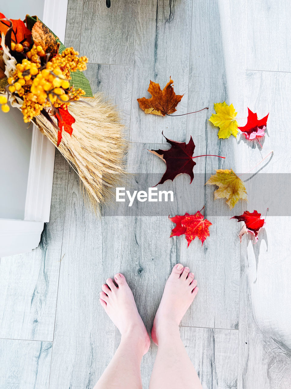 Low section of woman with autumn leaves 