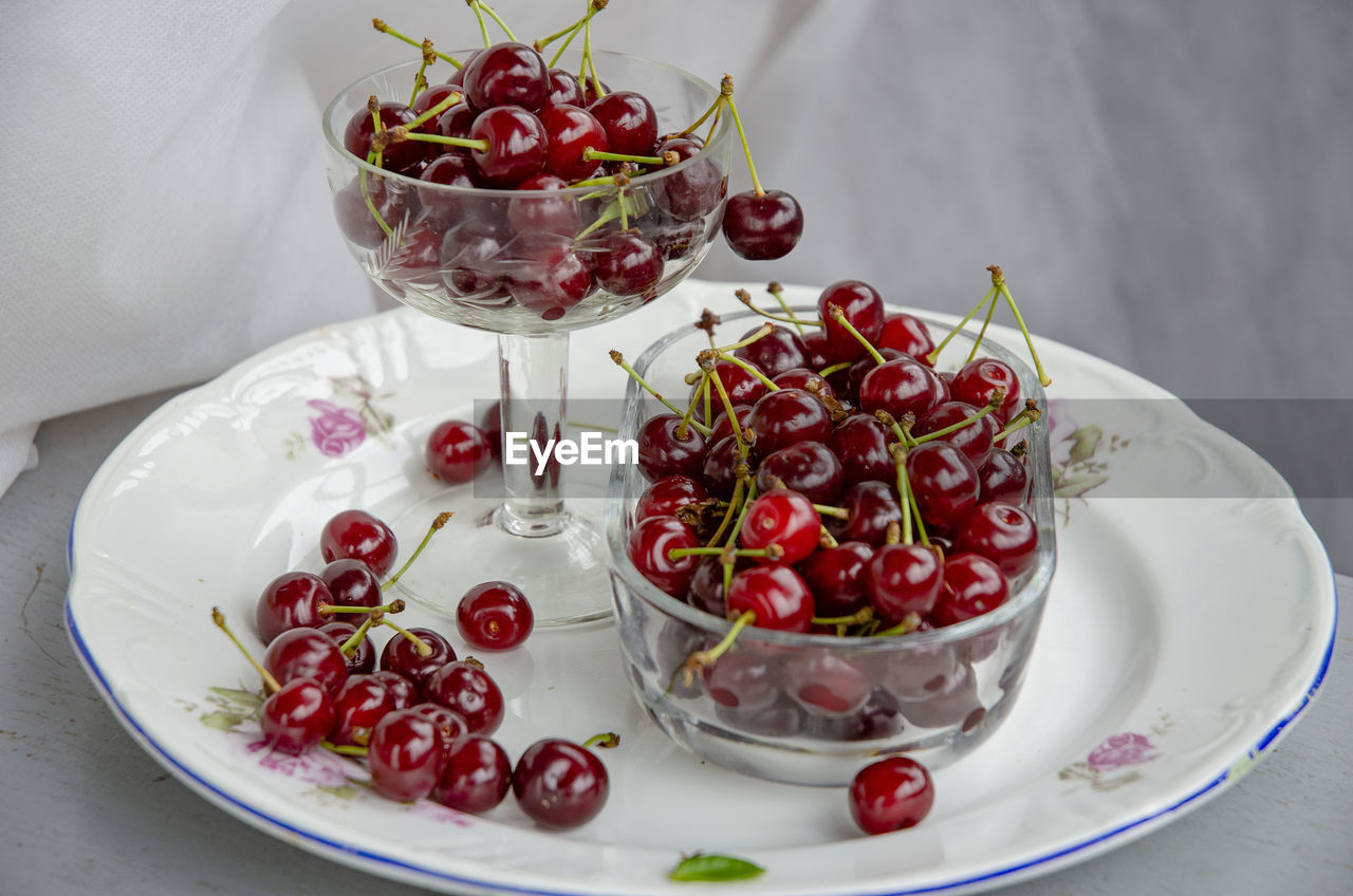 High angle view of fruits in plate on table