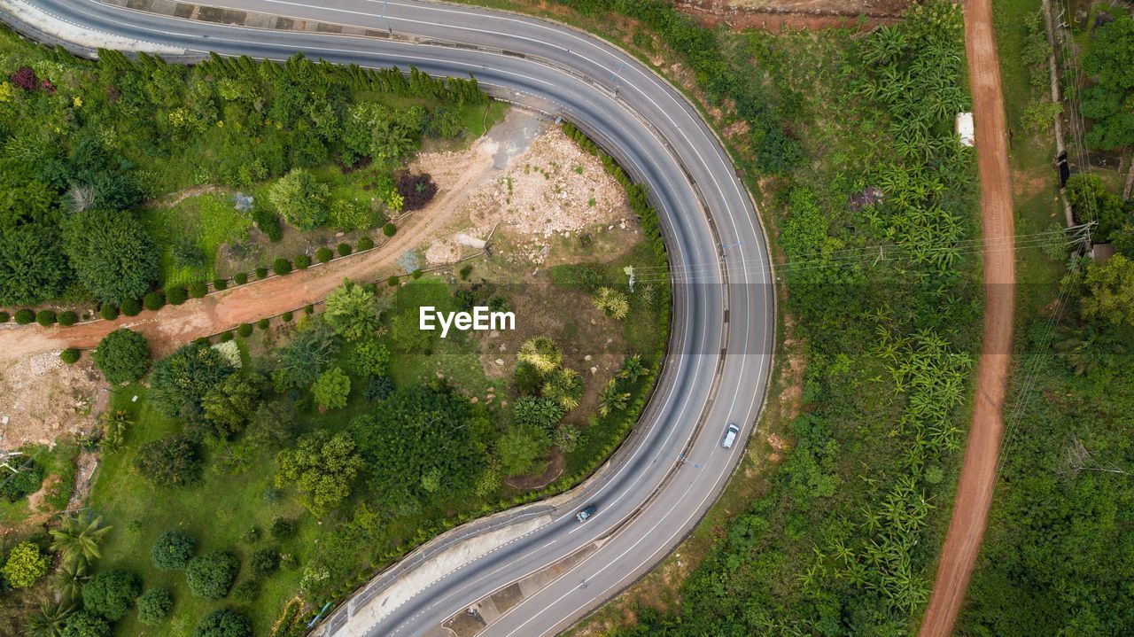 High angle view of road amidst trees