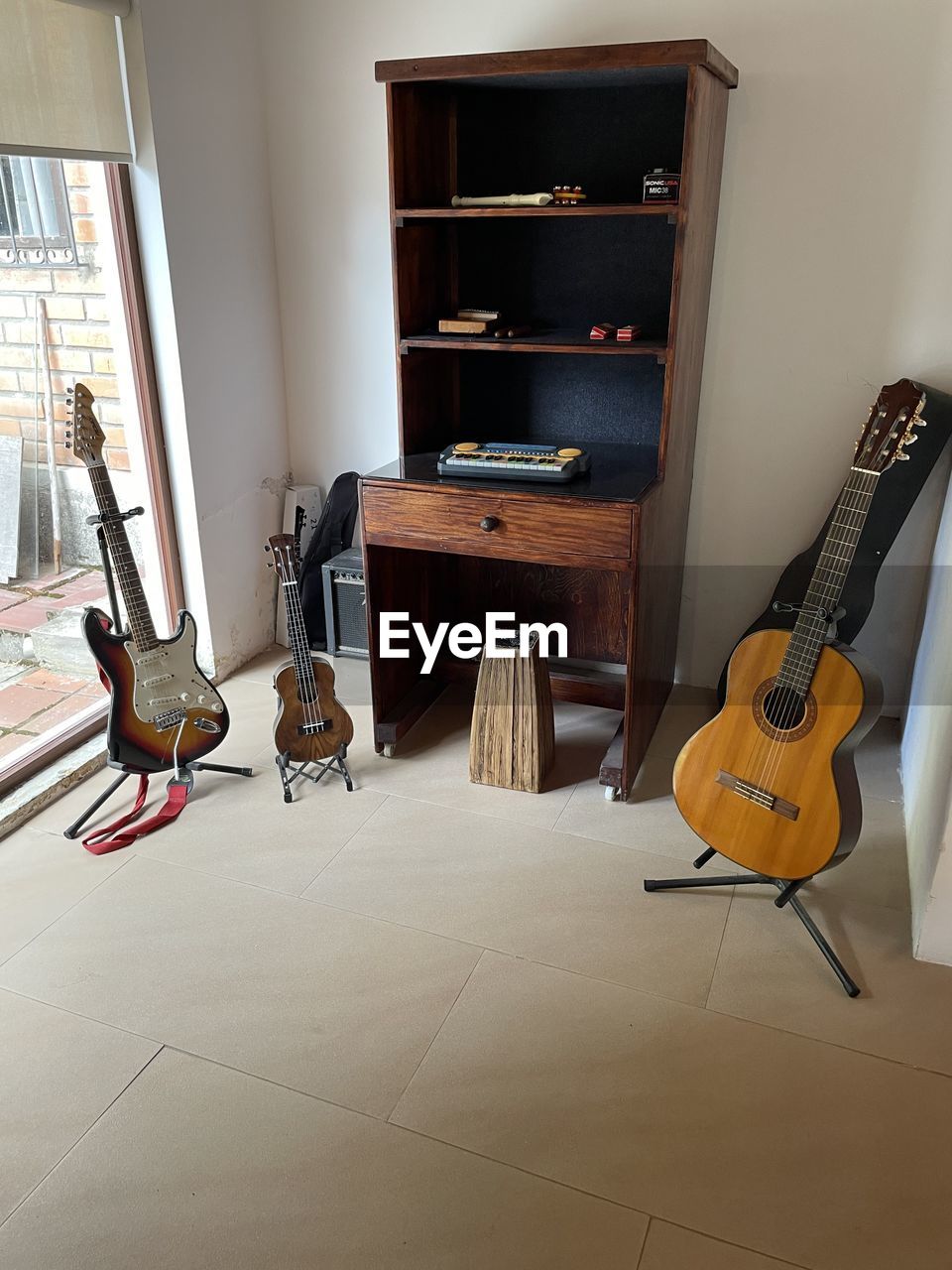 View of guitars at home