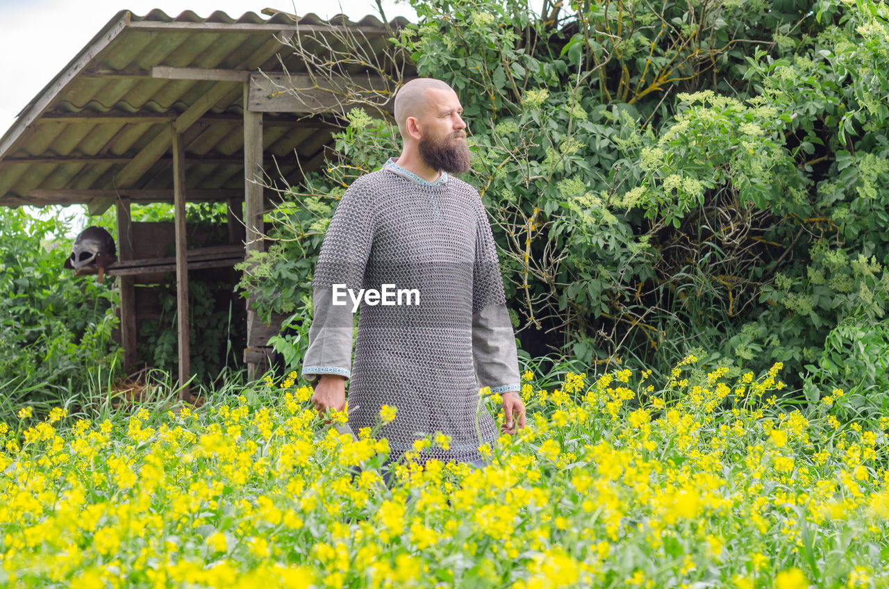 Courageous warrior man in metal chain mail with sword in middle of yellow flowers on background 