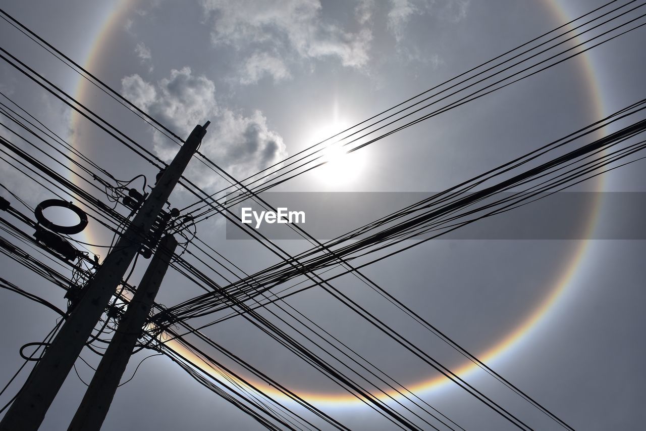 LOW ANGLE VIEW OF POWER CABLES AGAINST SKY