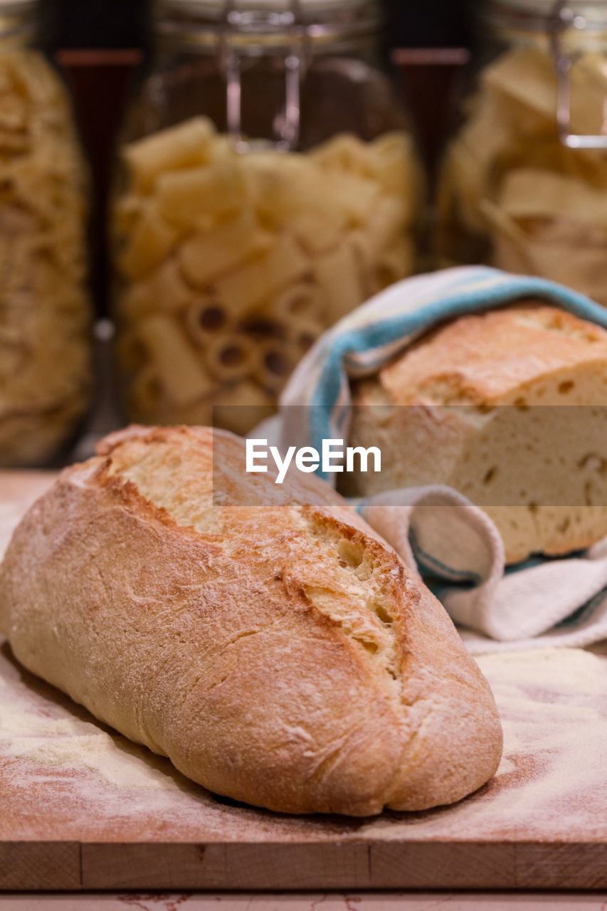 CLOSE-UP OF BREAD IN WICKER BASKET