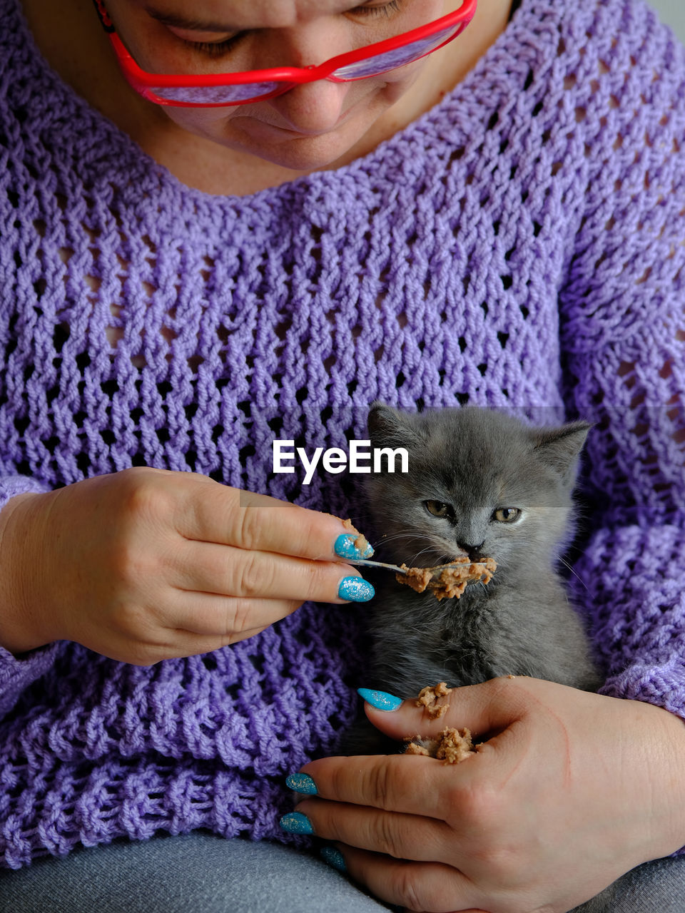 Portrait of a middle-aged woman feeding a cute kitten pate using a spoon 