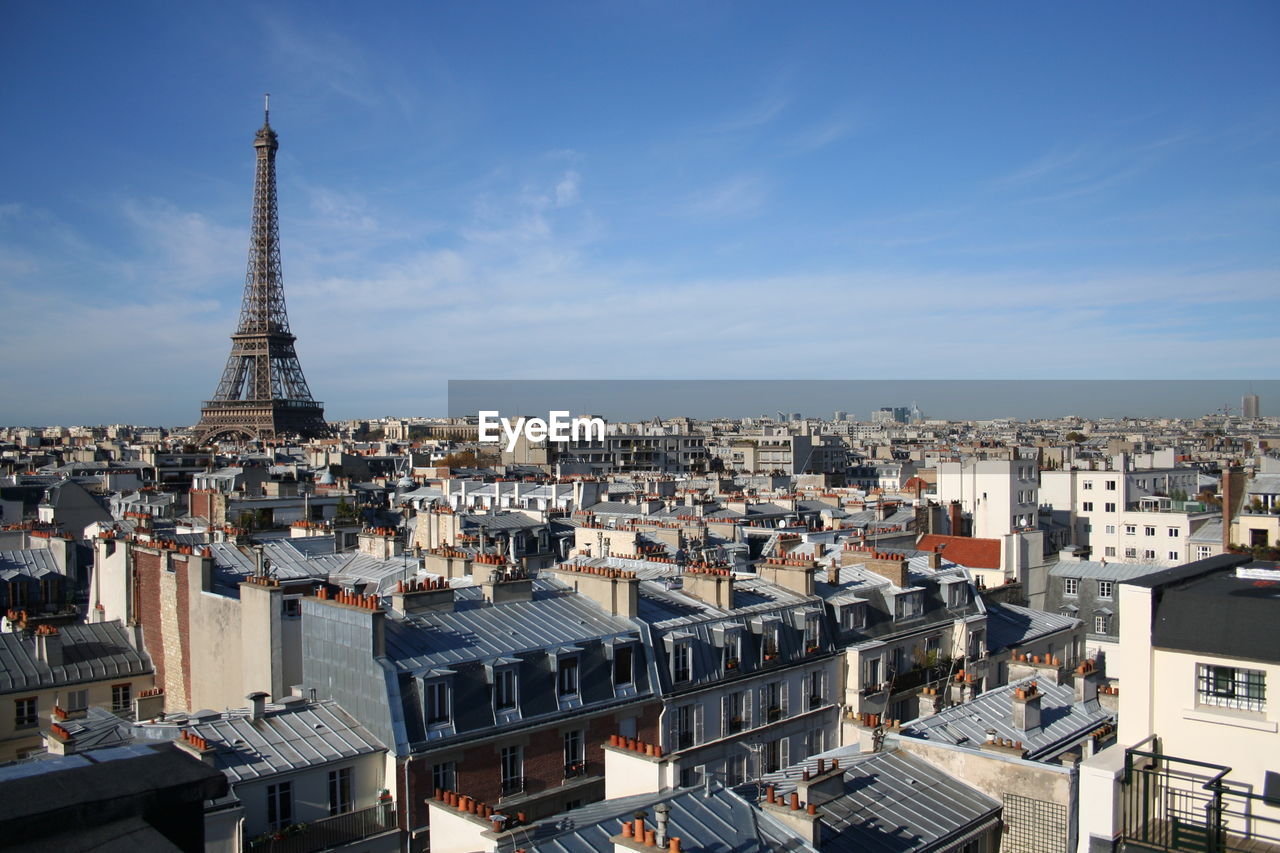 Eiffel tower amidst cityscape against sky