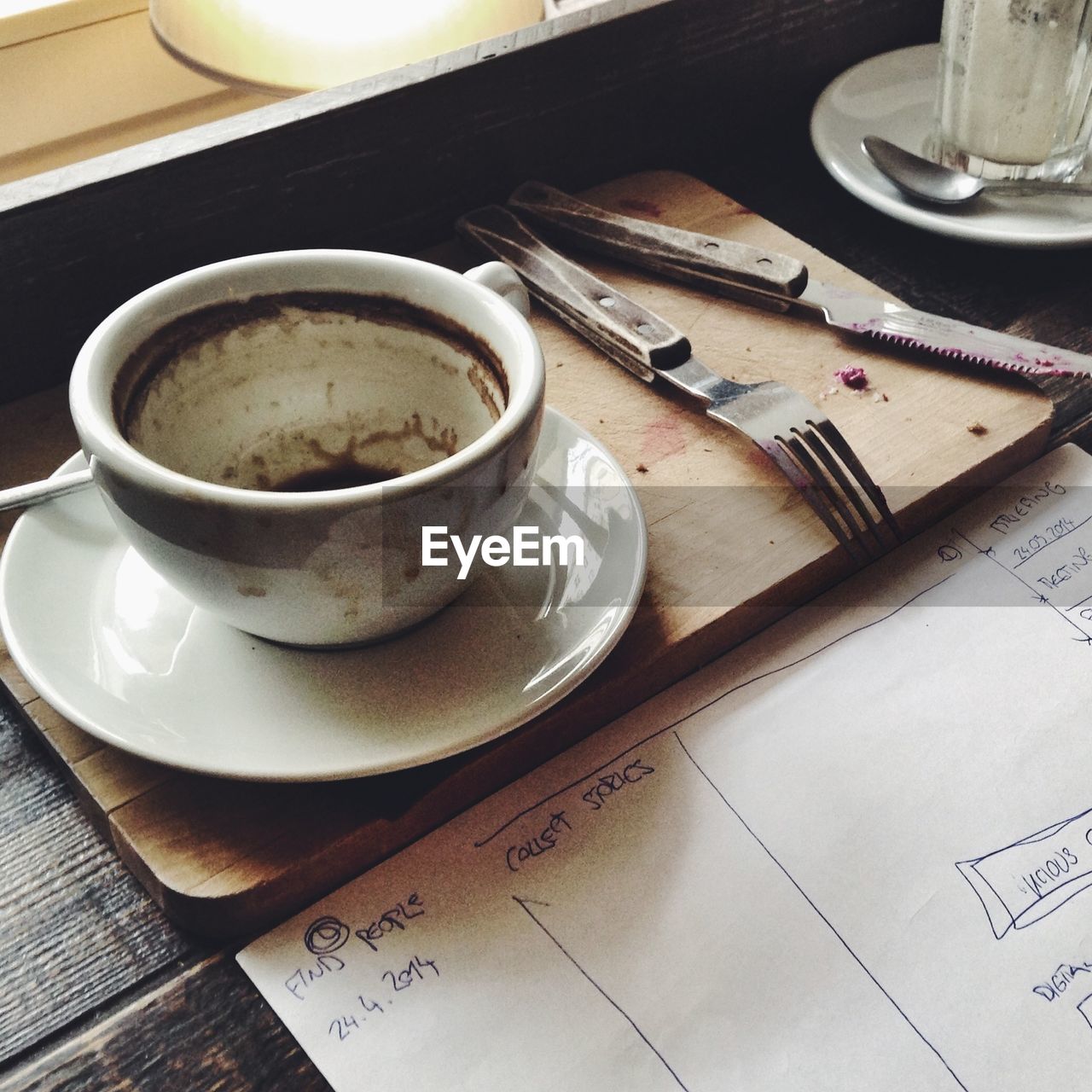 High angle view of empty coffee cup with fork and knife by paper