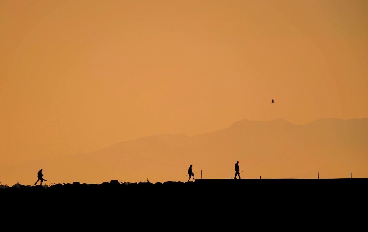 Silhouette people walking on field against sky during sunset