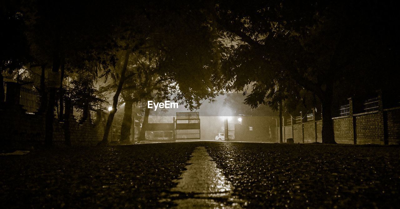 EMPTY ROAD AMIDST TREES AGAINST SKY AT NIGHT