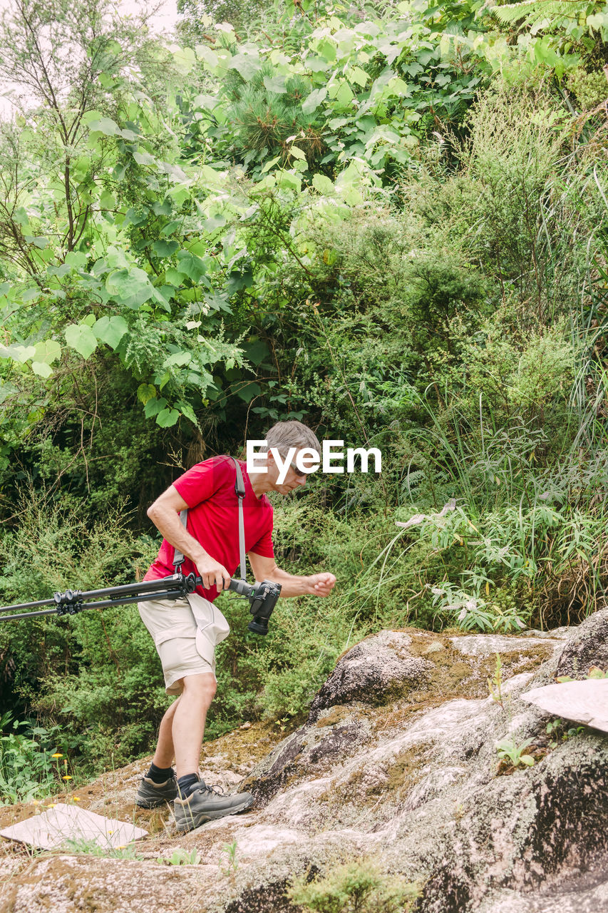 Man holding camera while walking on rock in forest