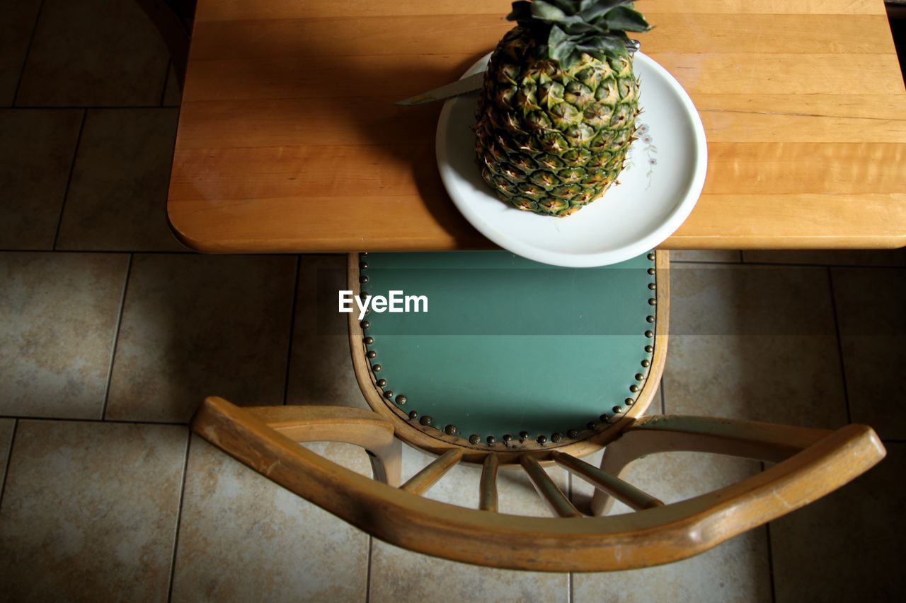 High angle view of pineapple on table