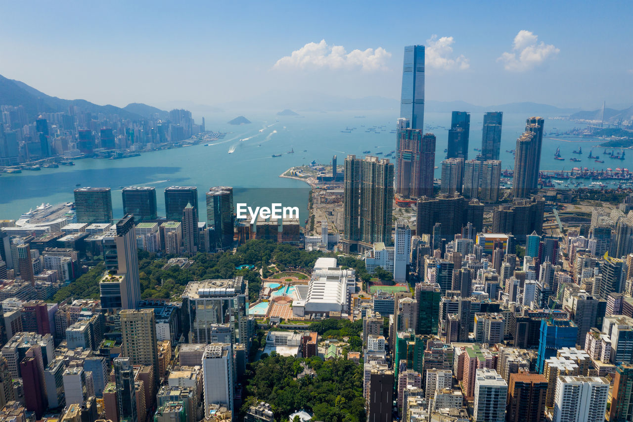 Aerial view of cityscape by bay