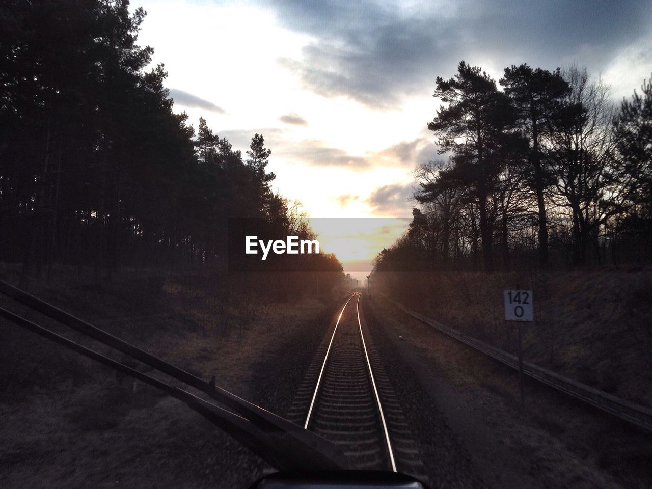 Railroad track amidst silhouette trees seen through train windshield