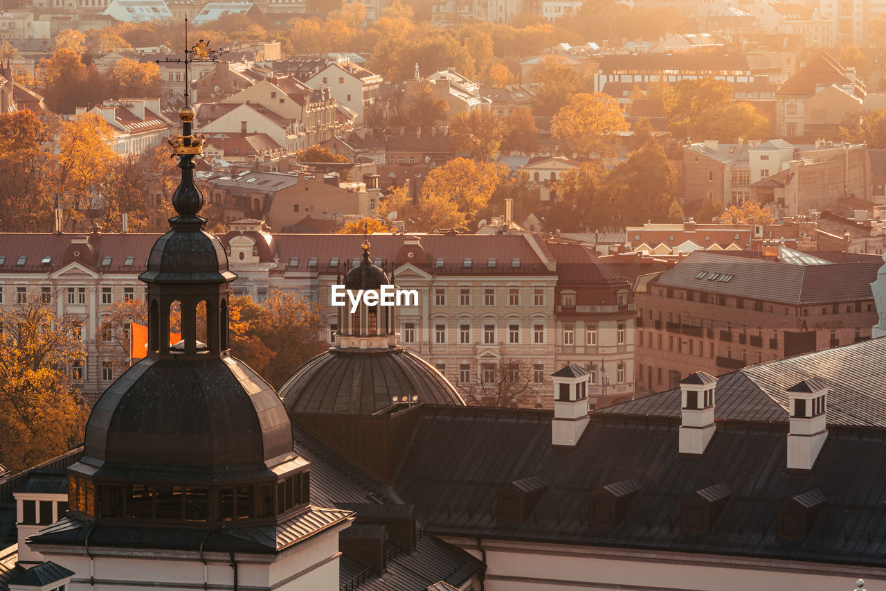 Aerial view of vilnius city buildings at sunset