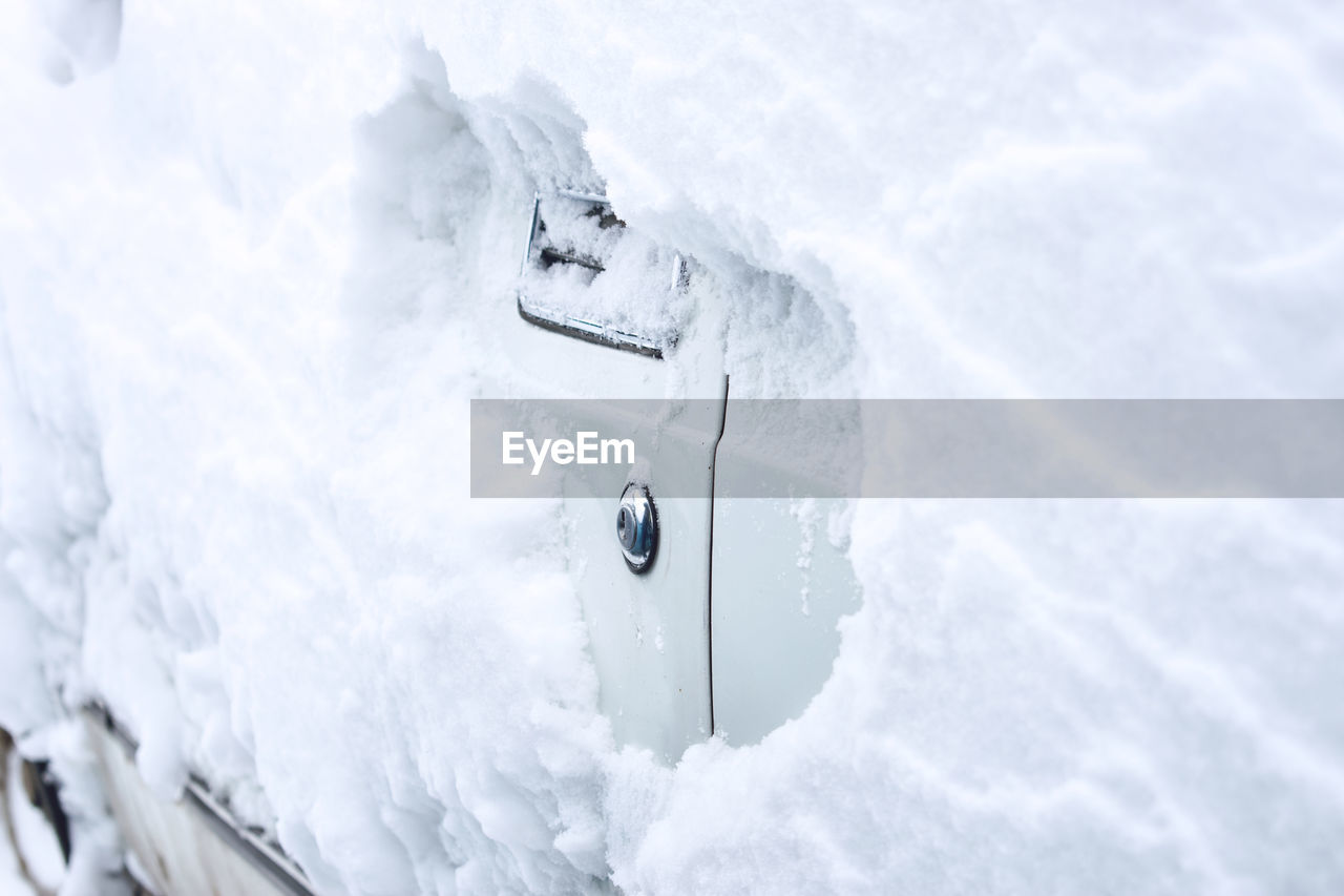 Close-up of snow covered car