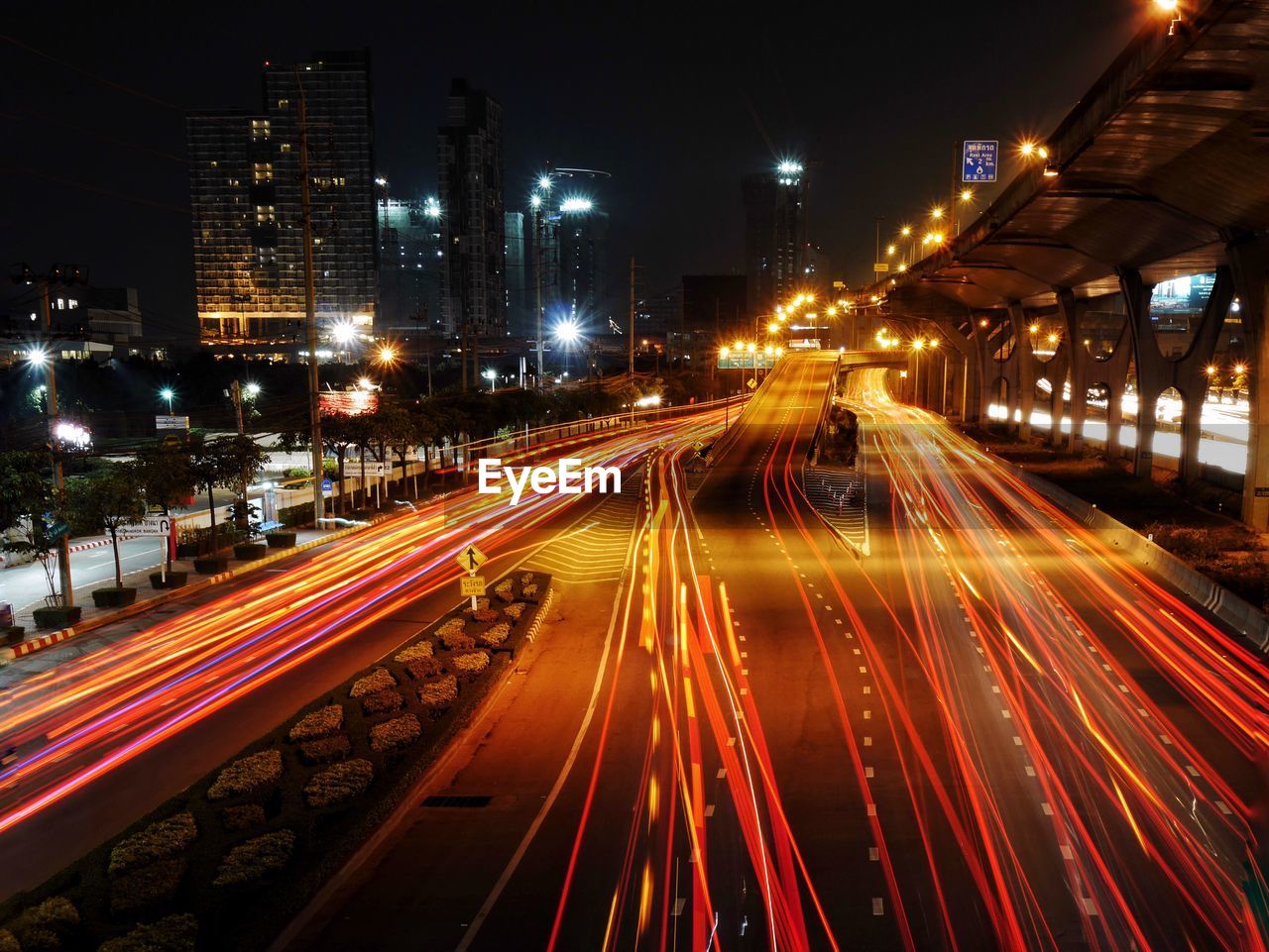 Light trails on road at night