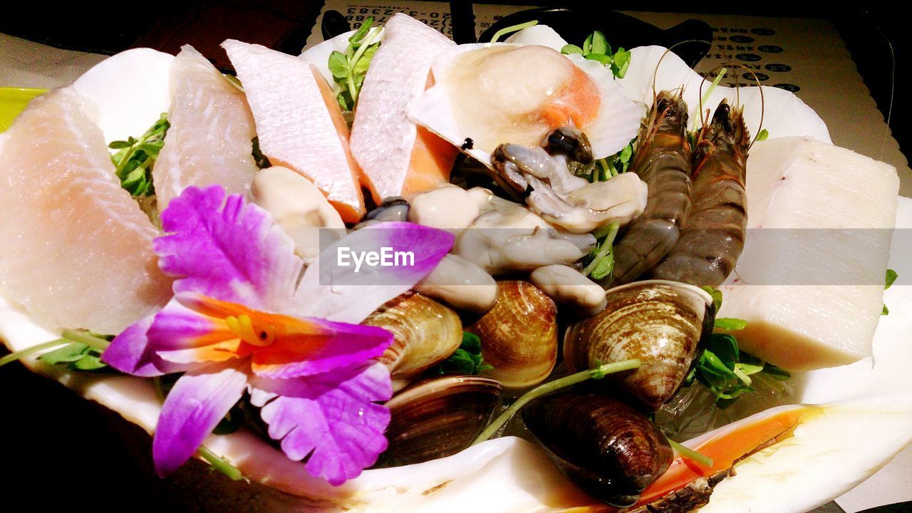 Close-up of raw fish and purple flower in plate