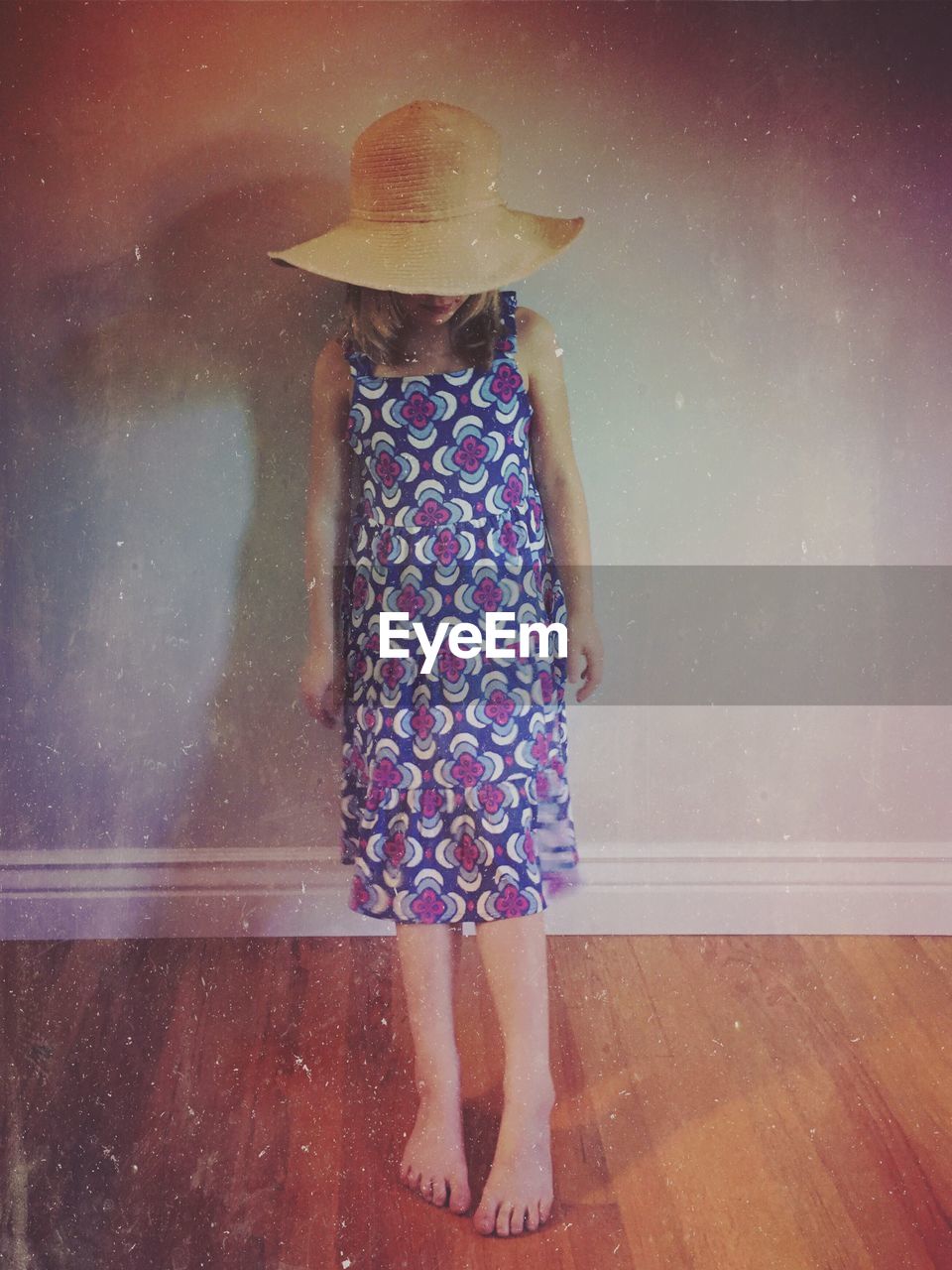 one person, clothing, dress, full length, women, standing, childhood, fashion, child, indoors, pink, hat, purple, sun hat, female, fashion accessory, blue, casual clothing, pattern, adult, lifestyles, nature, rear view, water, person, art