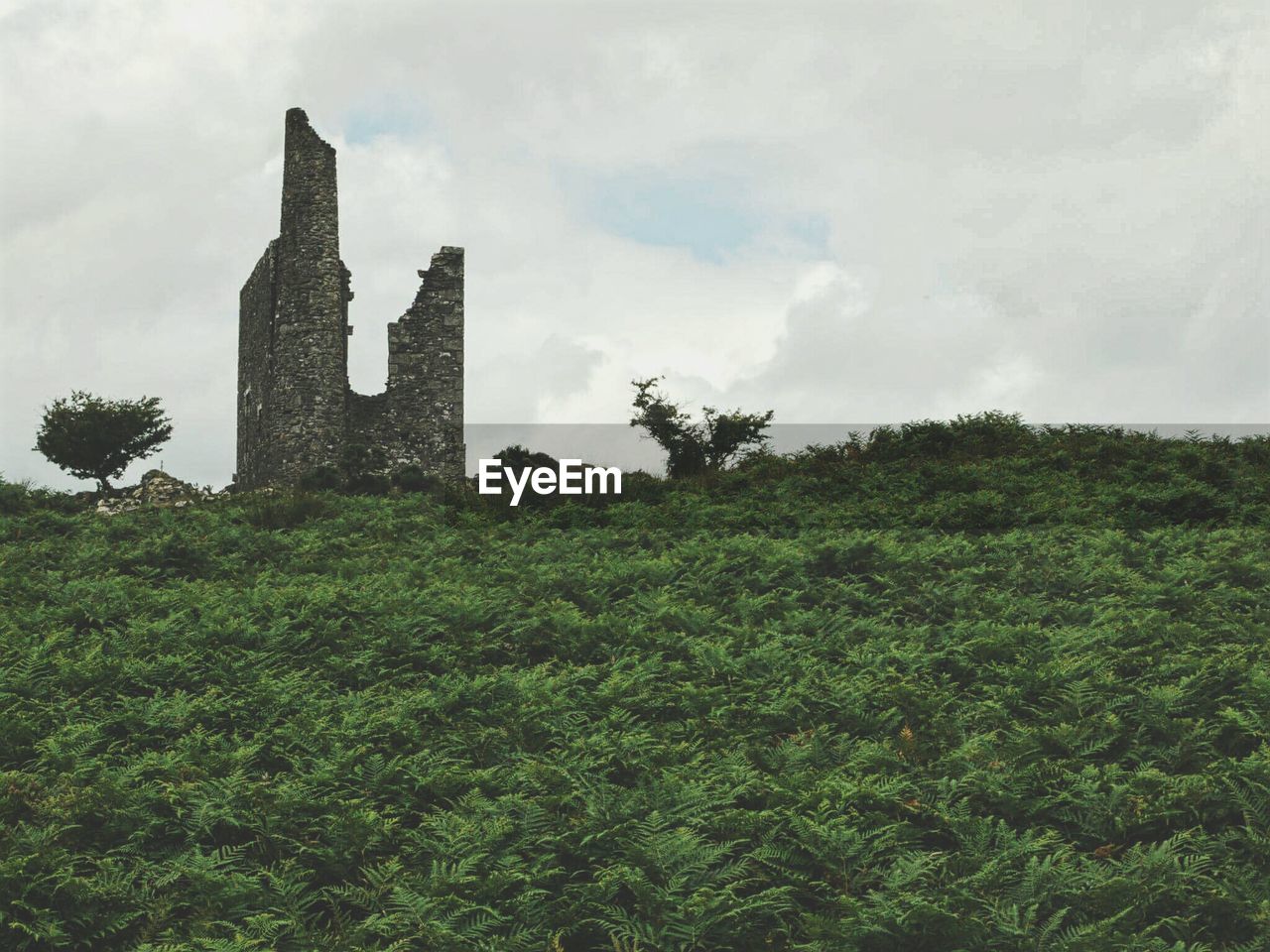 Low angle view of old ruin on mountain against cloudy sky