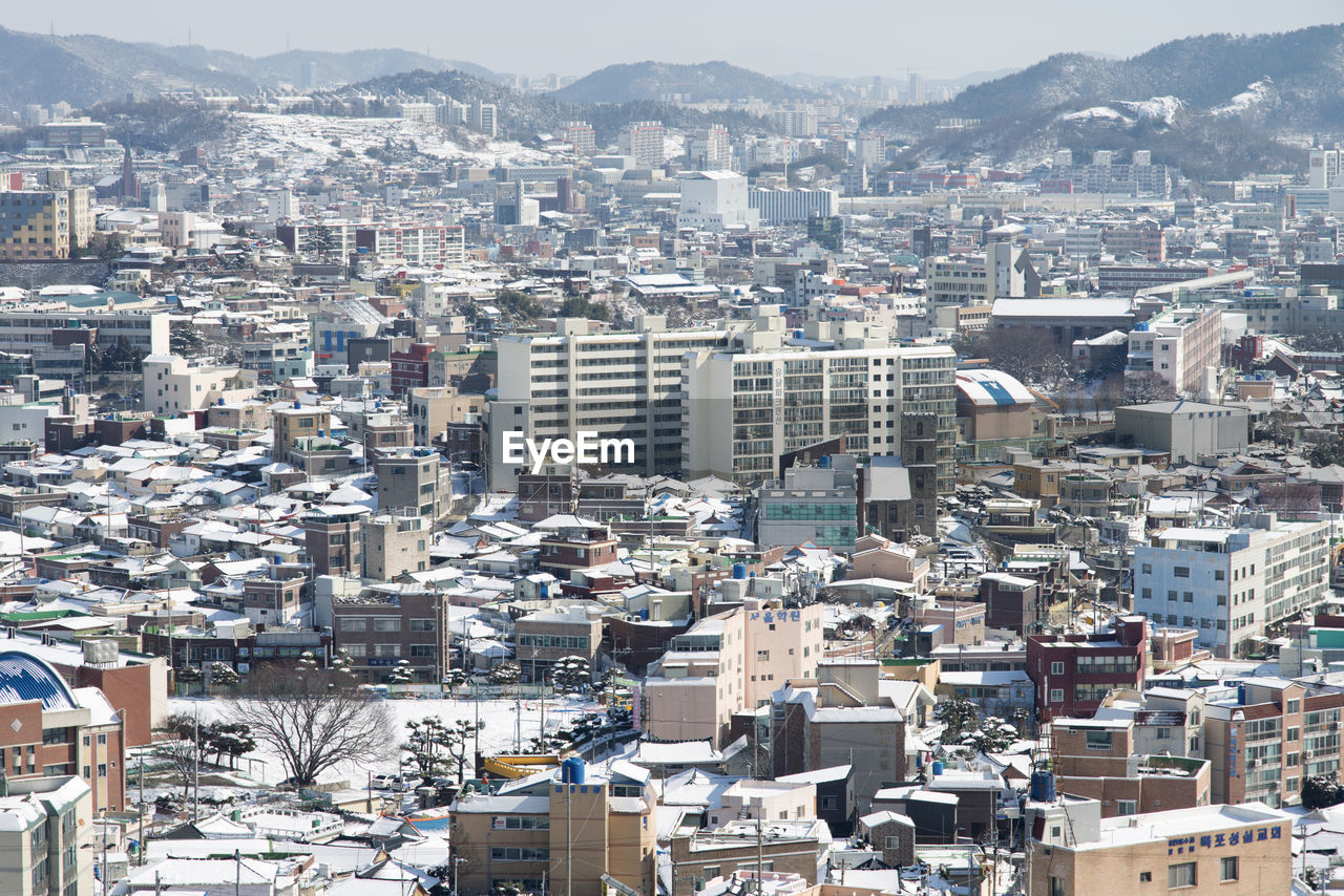 High angle view of cityscape against sky