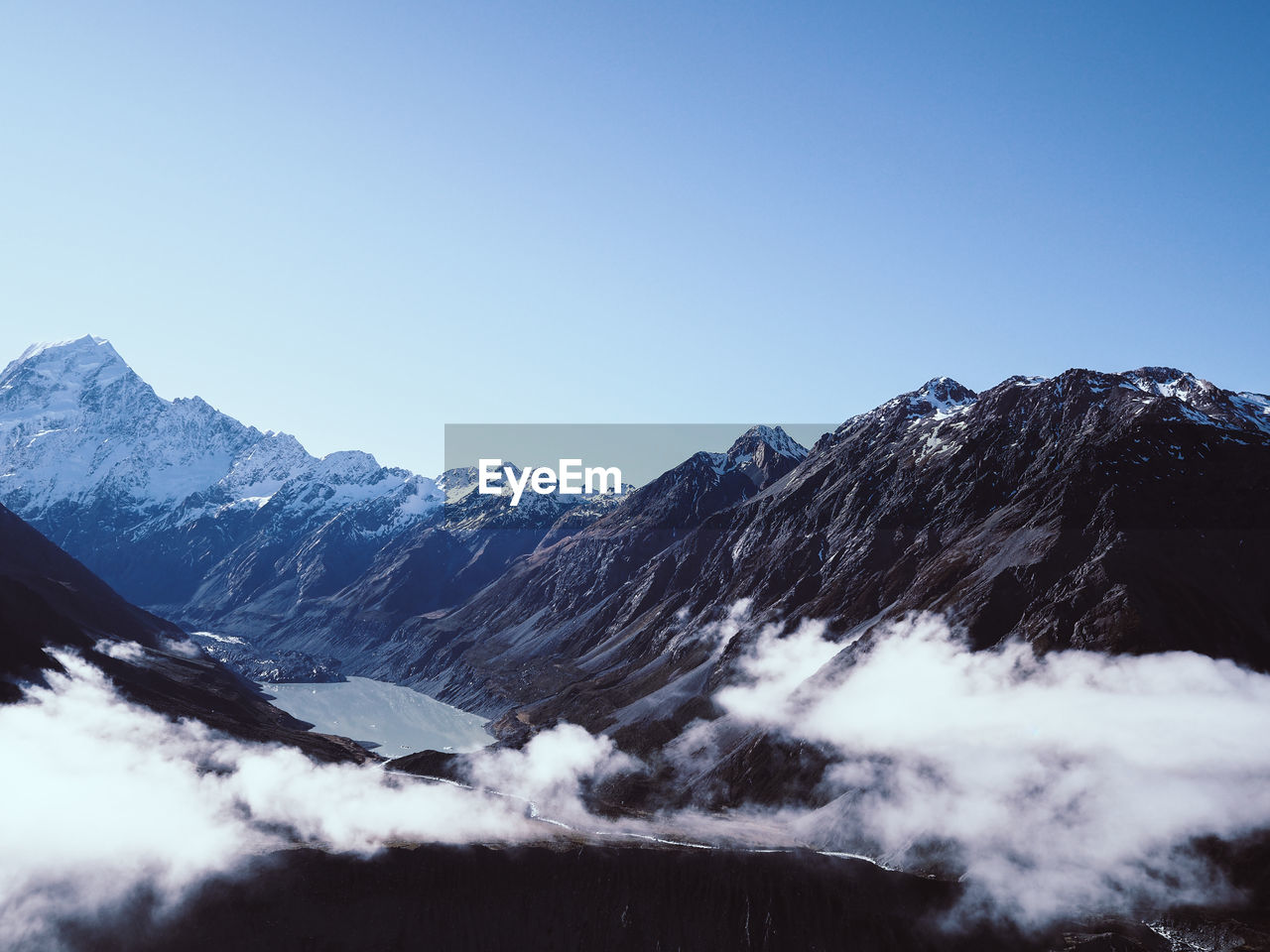 Scenic view of snowcapped mountains against clear sky