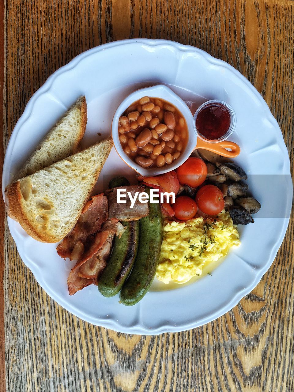 Directly above shot of breakfast served in plate on table