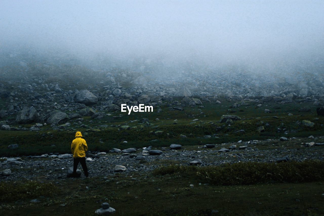 Rear view of person walking on landscape