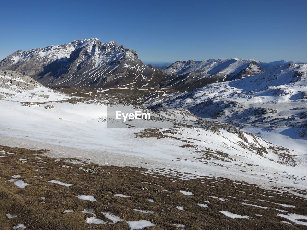 Scenic view of snowcapped mountains against clear sky