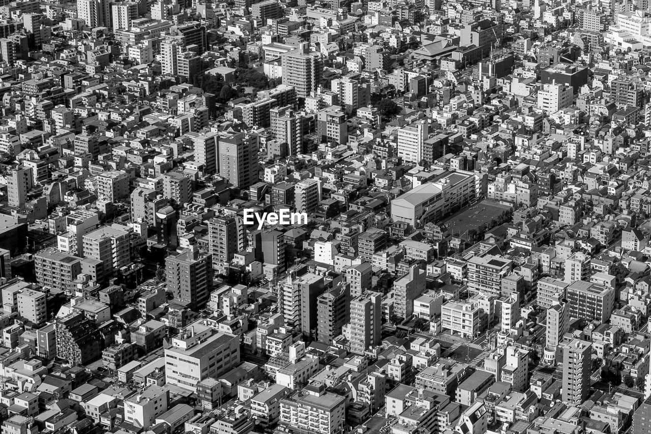 High angle view of modern buildings in city