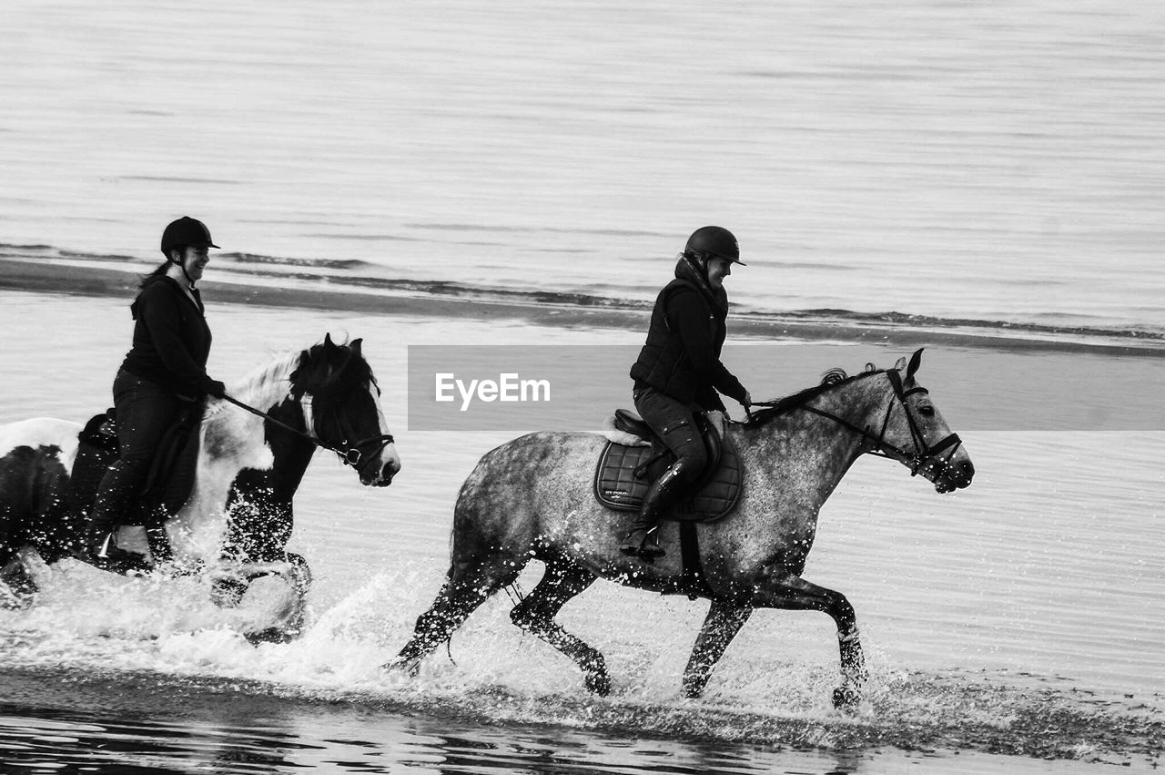 MEN RIDING HORSE ON SHORE