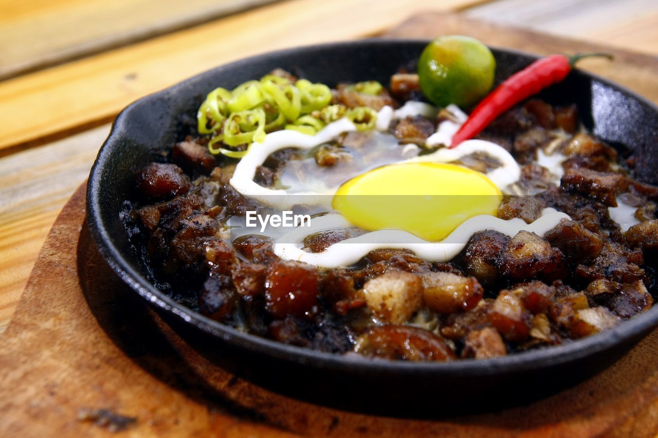 Close-up of food served on table