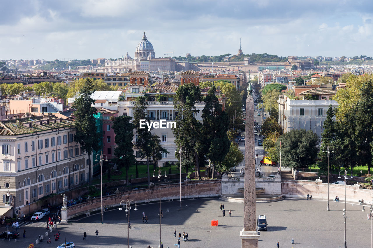 Colorful view from city park villa borghese to piazza del popolo, roma