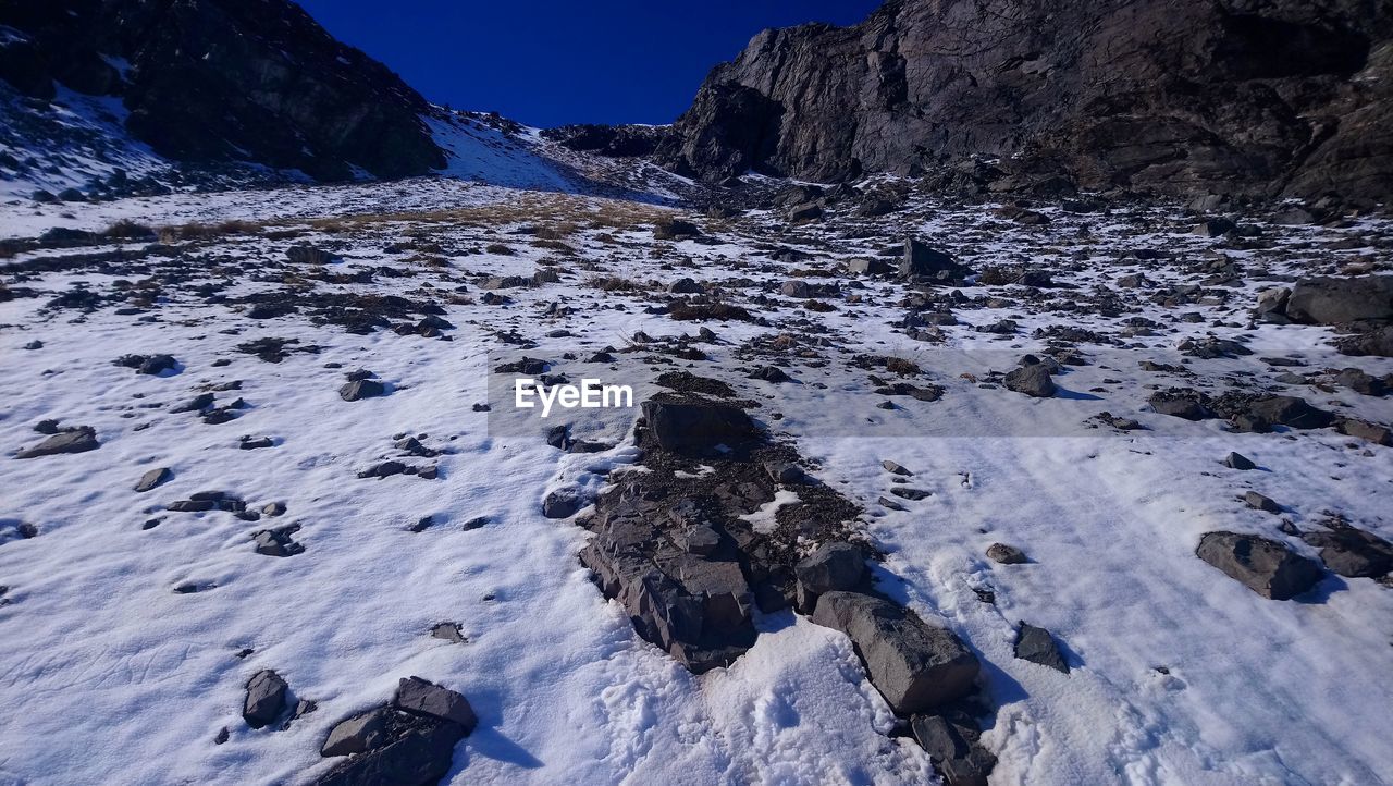 SNOW COVERED ROCKS ON SHORE