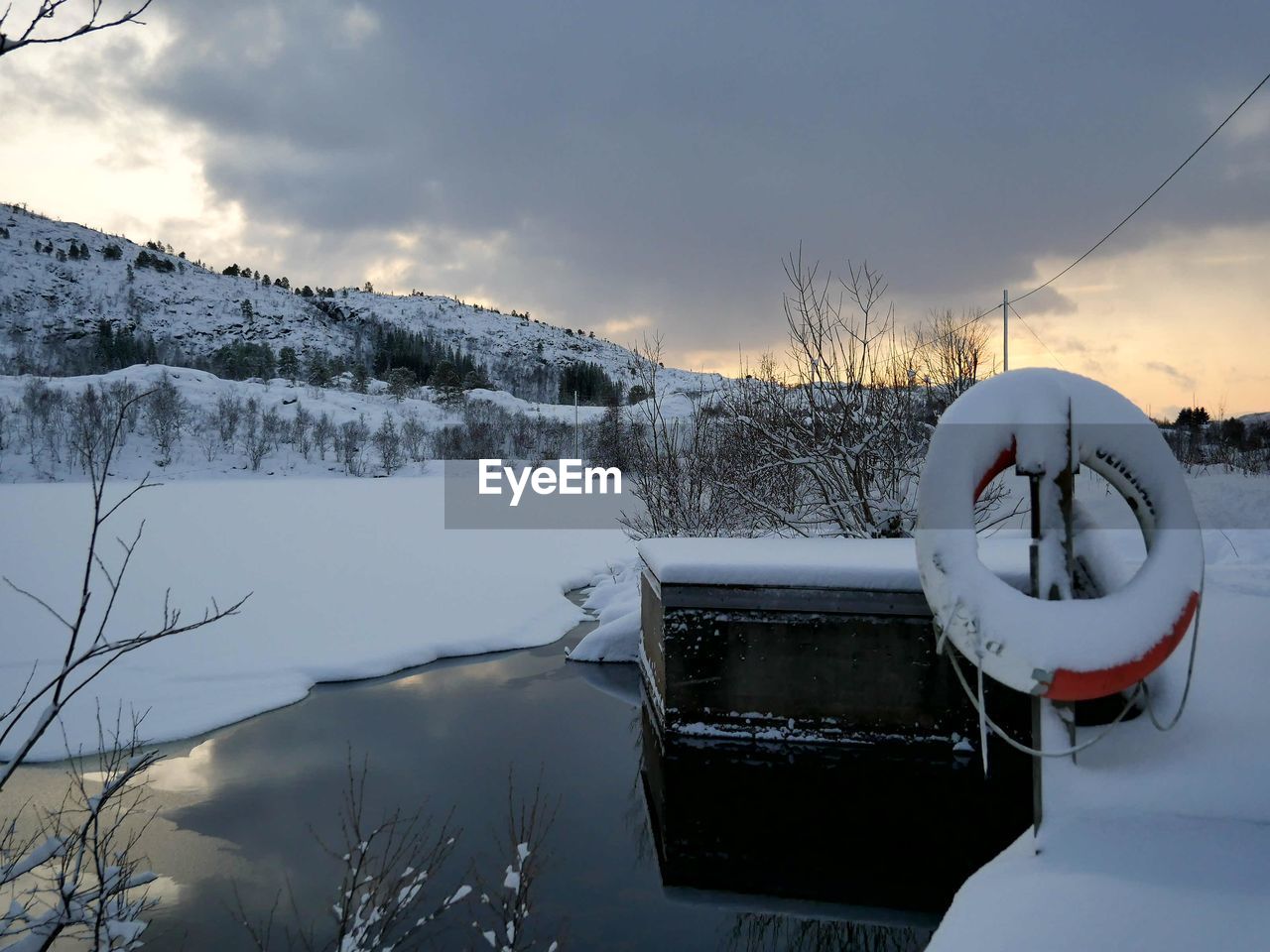 Scenic view of snowcapped mountains by lake against sky